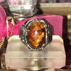 OR PAZ STERLING OVAL+DOME REAL AMBER TEXTURED RING